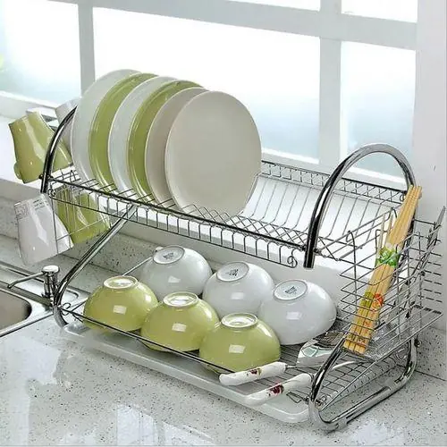 2 Tier Dish Rack Stainless Steel, With Drain Board
